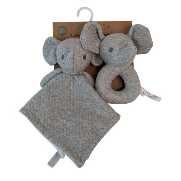 Dreamgro Buddy Blankie & Rattle Gray Elephant Lovey Quilted Security Blanket NWT - Picture 1 of 4
